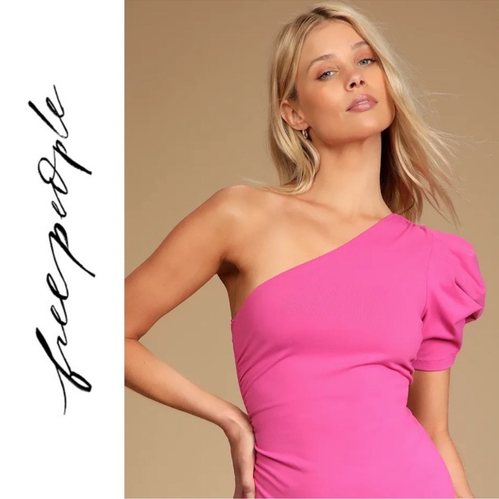 Somethin Bout You Bright Pink Puff Sleeve One-Shoulder Bodysuit by Free People